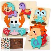 Drewniane puzzle Układanka dziecięca Montessori zabawka Macaron kolor odcień 3D z klamrami w zwierzęce kształty, wczesna edukacj